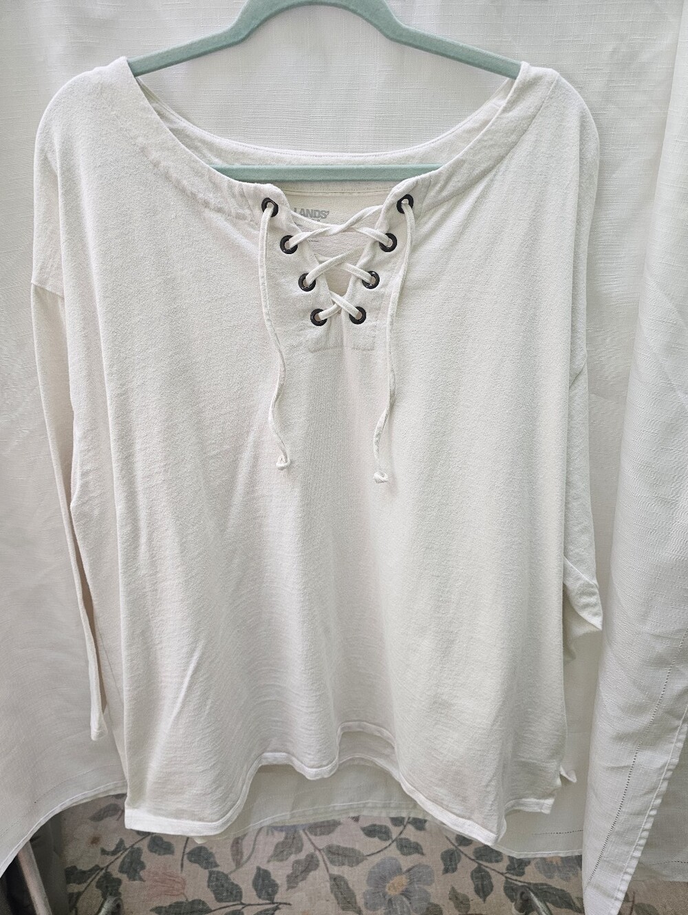 Women's size 2X Lands' End COTTON Cream Lace-Up 3/4 Sleeve Pullover Top Boho